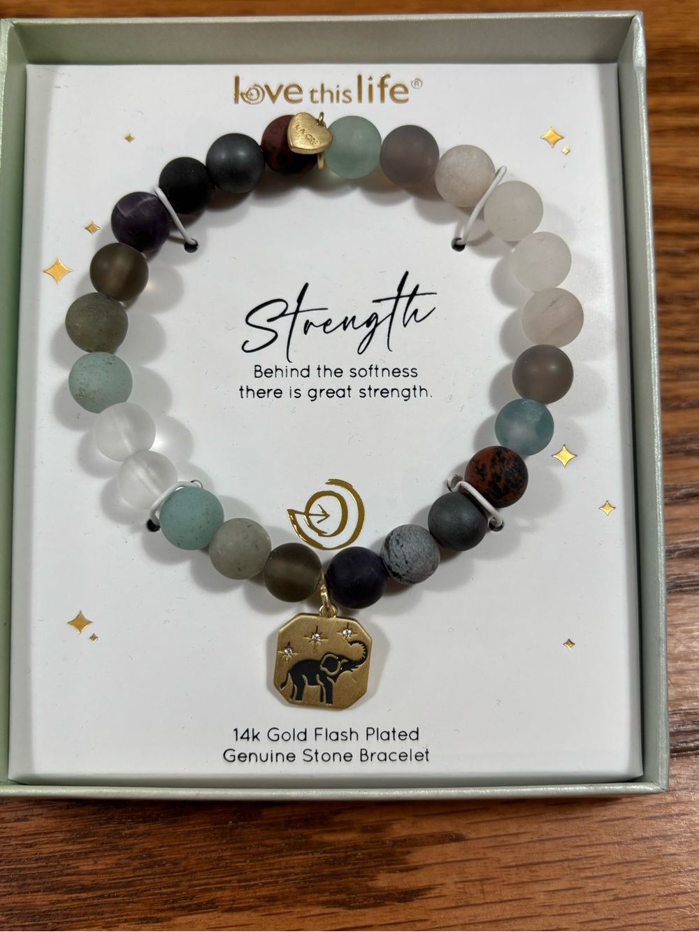 Love This Life 14K Gold Tone Strength Elephant Stone Stretch Bracelet NEW Gift